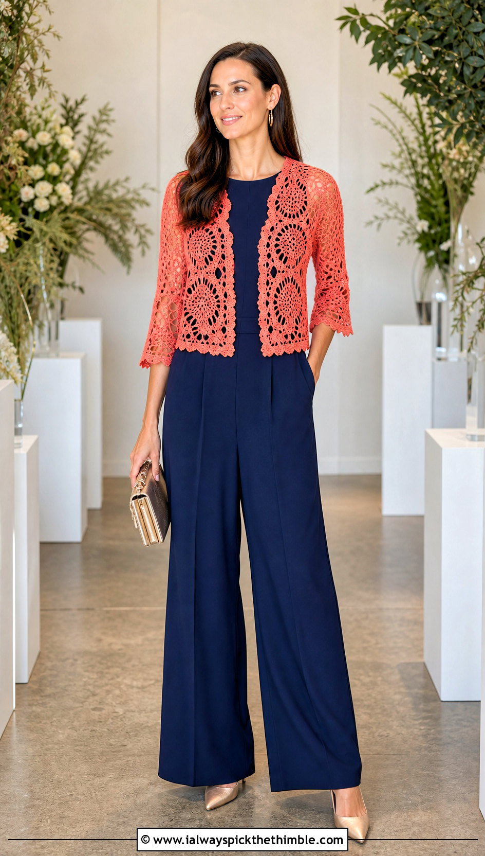 Pineapple Crochet Lace Shrug With Wide Leg Jumpsuit - 20 crochet lace clothes and outfit ideas