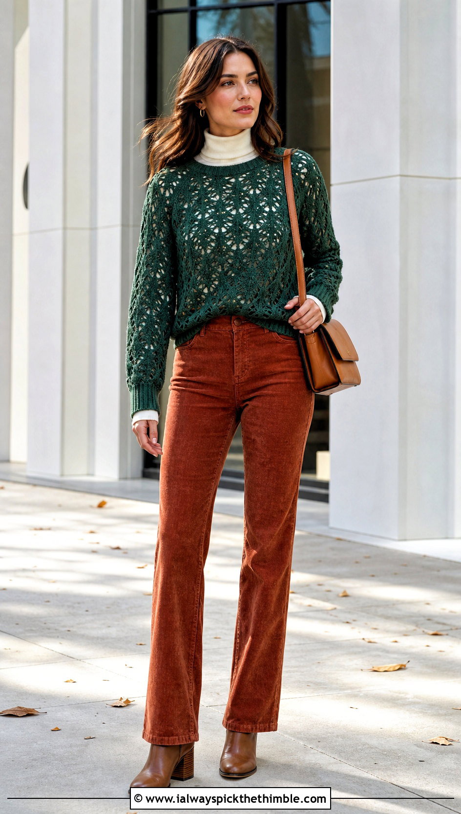 Pineapple Crochet Raglan Blouse With Corduroy Pants - 20 pineapple crochet top outfit ideas