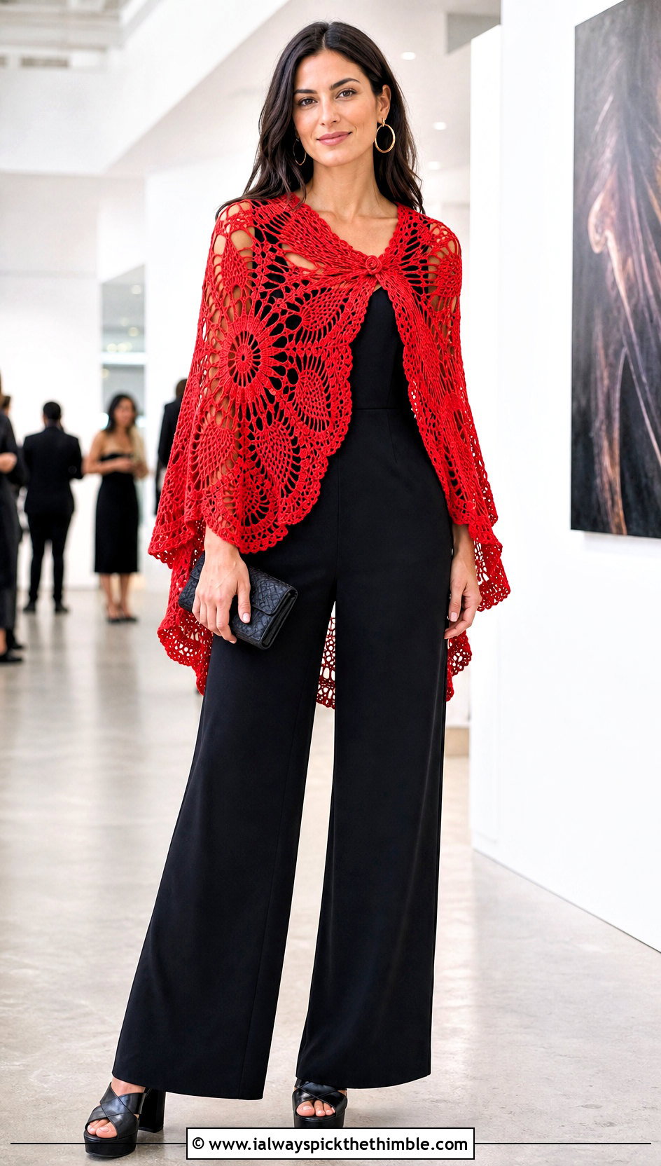 Pineapple Lace Circle Crochet Shawl With Wide Leg Jumpsuit - 20 Circle Crochet Shawl outfit ideas