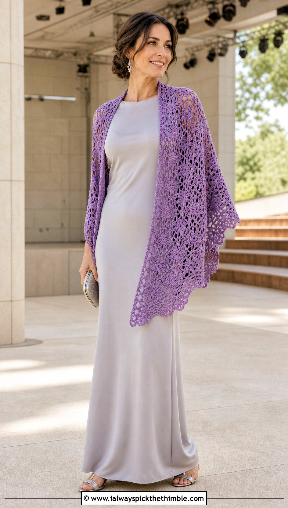 Pineapple Lace Crescent Crochet Shawl With Maxi Dress - 20 Crescent Crochet Shawl outfit ideas