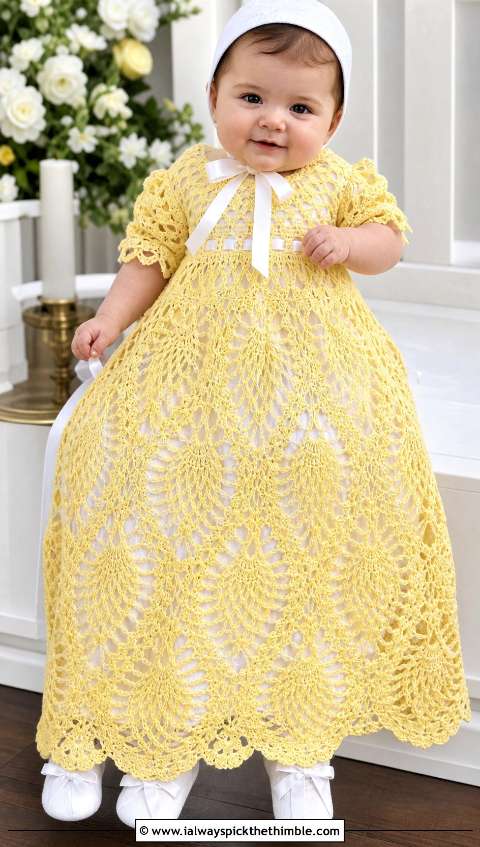 Pineapple Lace Crochet Baptism Gown With Ribbon Booties - 15 Crochet Baptism Gown outfit ideas