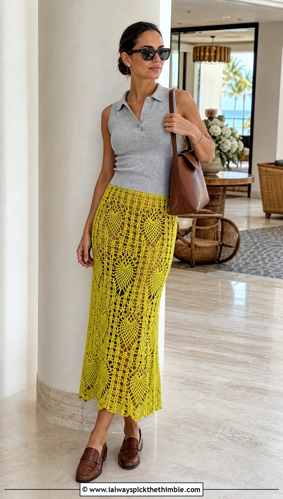 Pineapple Lace Crochet Beach Skirt With Knit Polo Top - 25 Crochet Beach Skirt outfit ideas