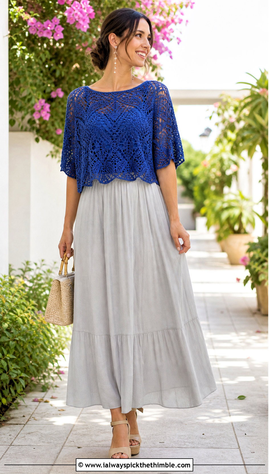 Pineapple Lace Crochet Blouse With Maxi Skirt - 20 70S Inspired Crochet Top outfit ideas