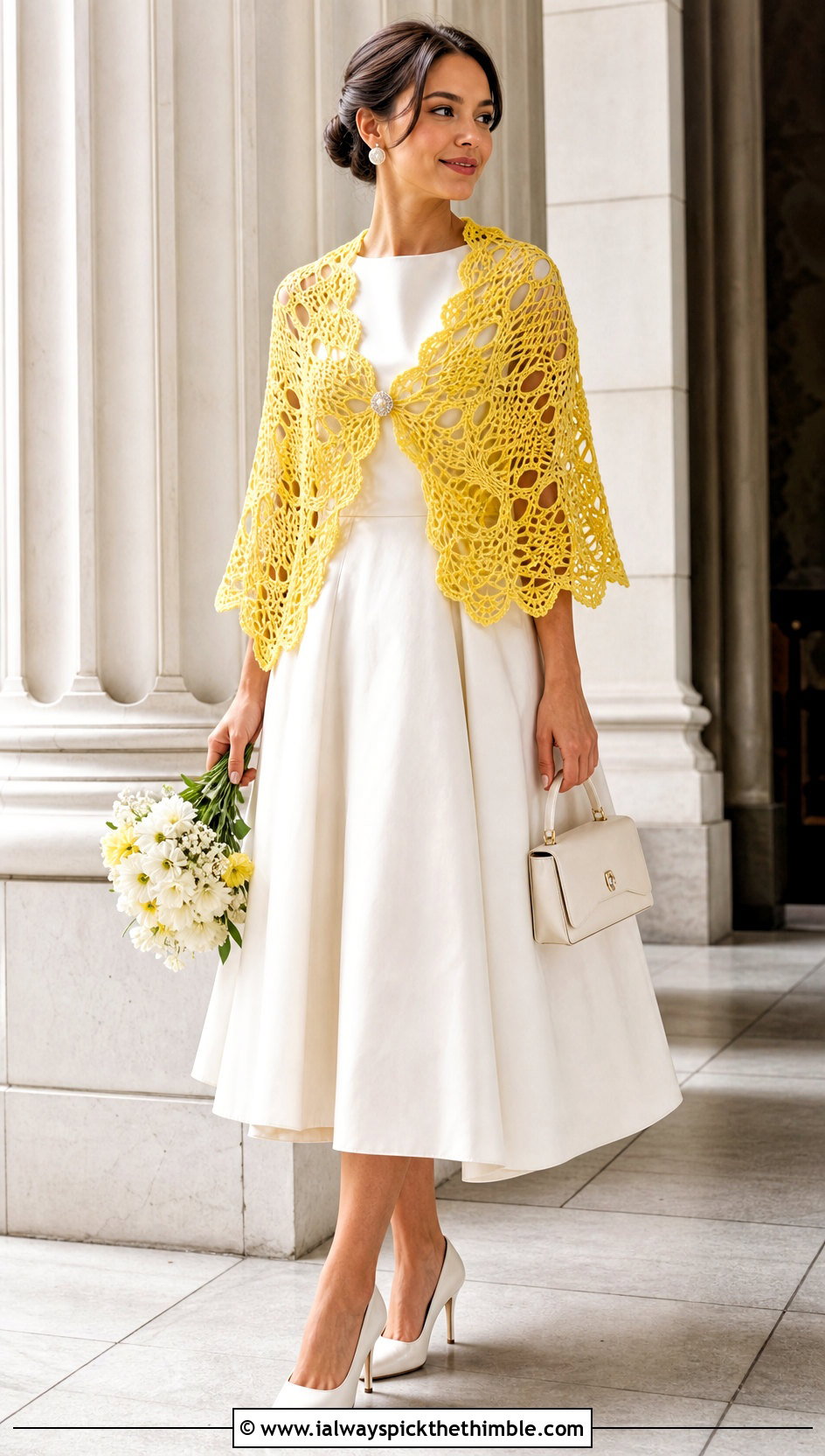 Pineapple Lace Crochet Bridal Shawl With Tea Length Dress - 20 Crochet Bridal Shawl outfit ideas