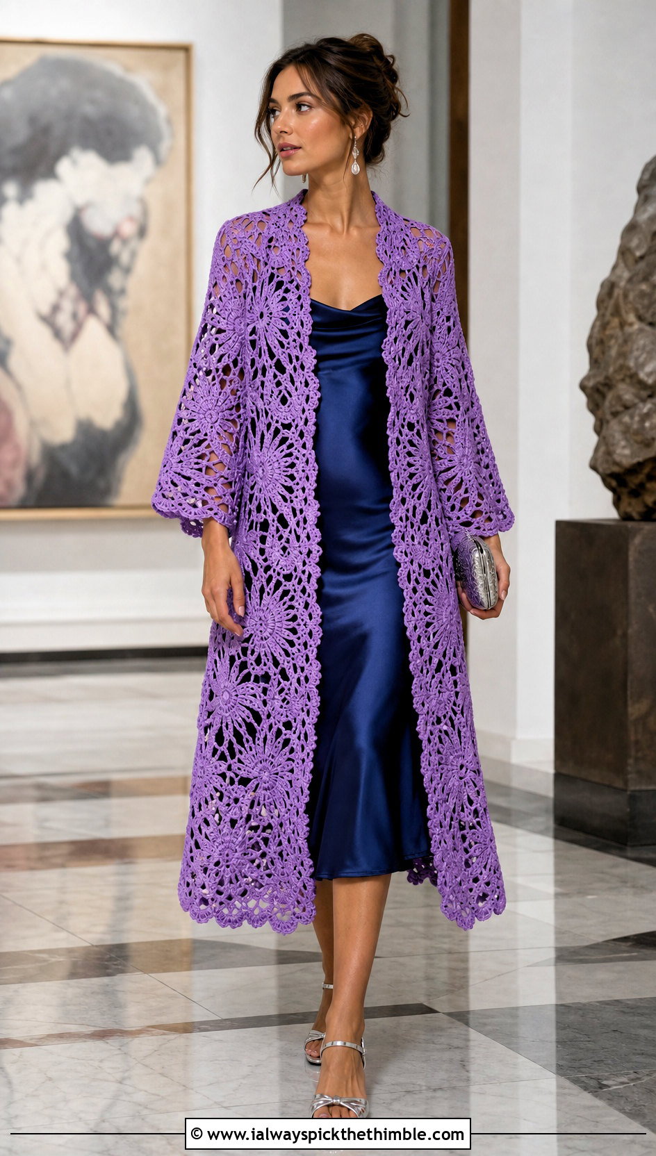 Pineapple Lace Crochet Coat With Satin Slip Dress - 20 crochet long cardigan sweater coats outfit ideas