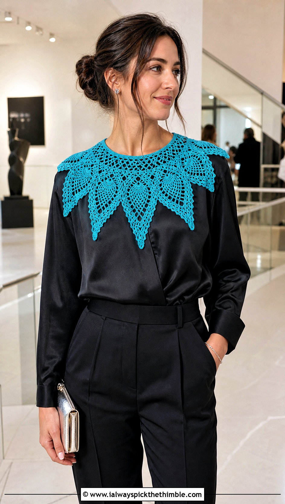 Pineapple Lace Crochet Collar With Satin Blouse And Tuxedo Pants - 15 Vintage Crochet Collar Design outfit ideas