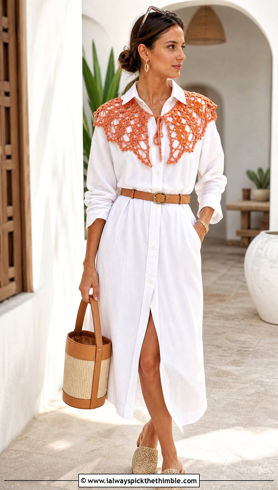 Pineapple Lace Crochet Collar With Shirt Dress And Mules - 20 Lace Crochet Collar outfit ideas
