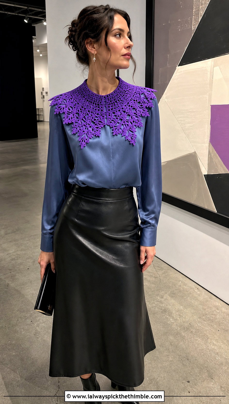 Pineapple Lace Crochet Doll Collar With Satin Blouse And Leather Skirt - 20 Crochet Doll Collar outfit ideas