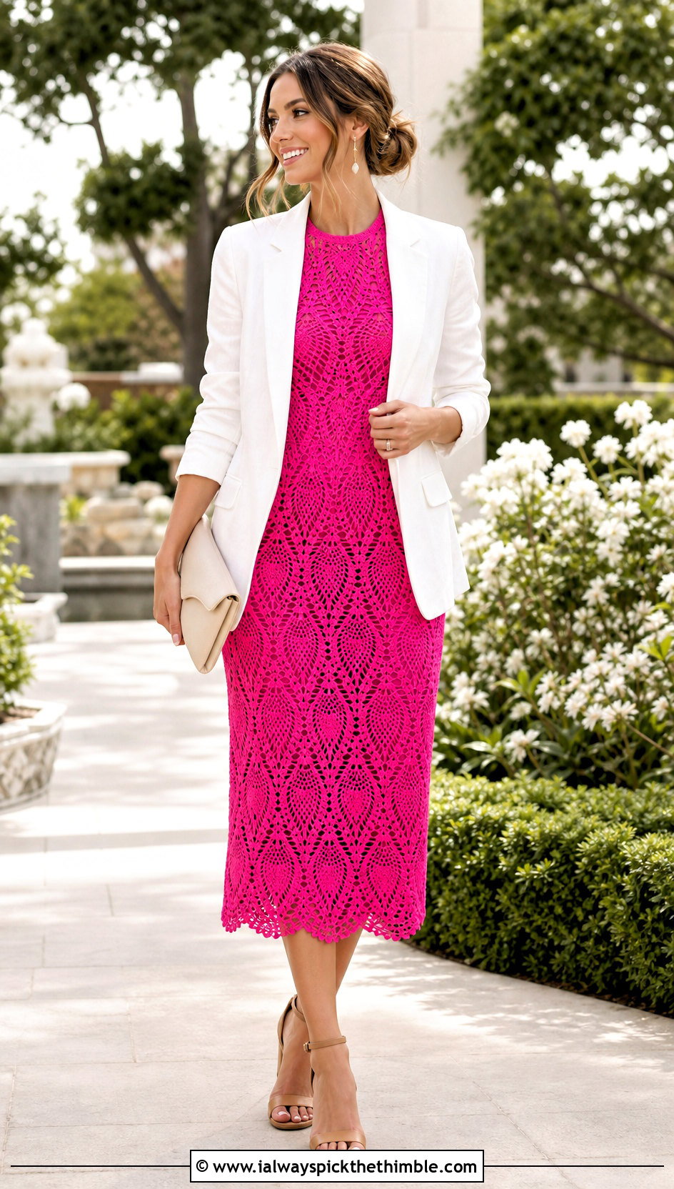 Pineapple Lace Crochet Dress With Linen Blazer - 25 simple crochet dress outfit ideas