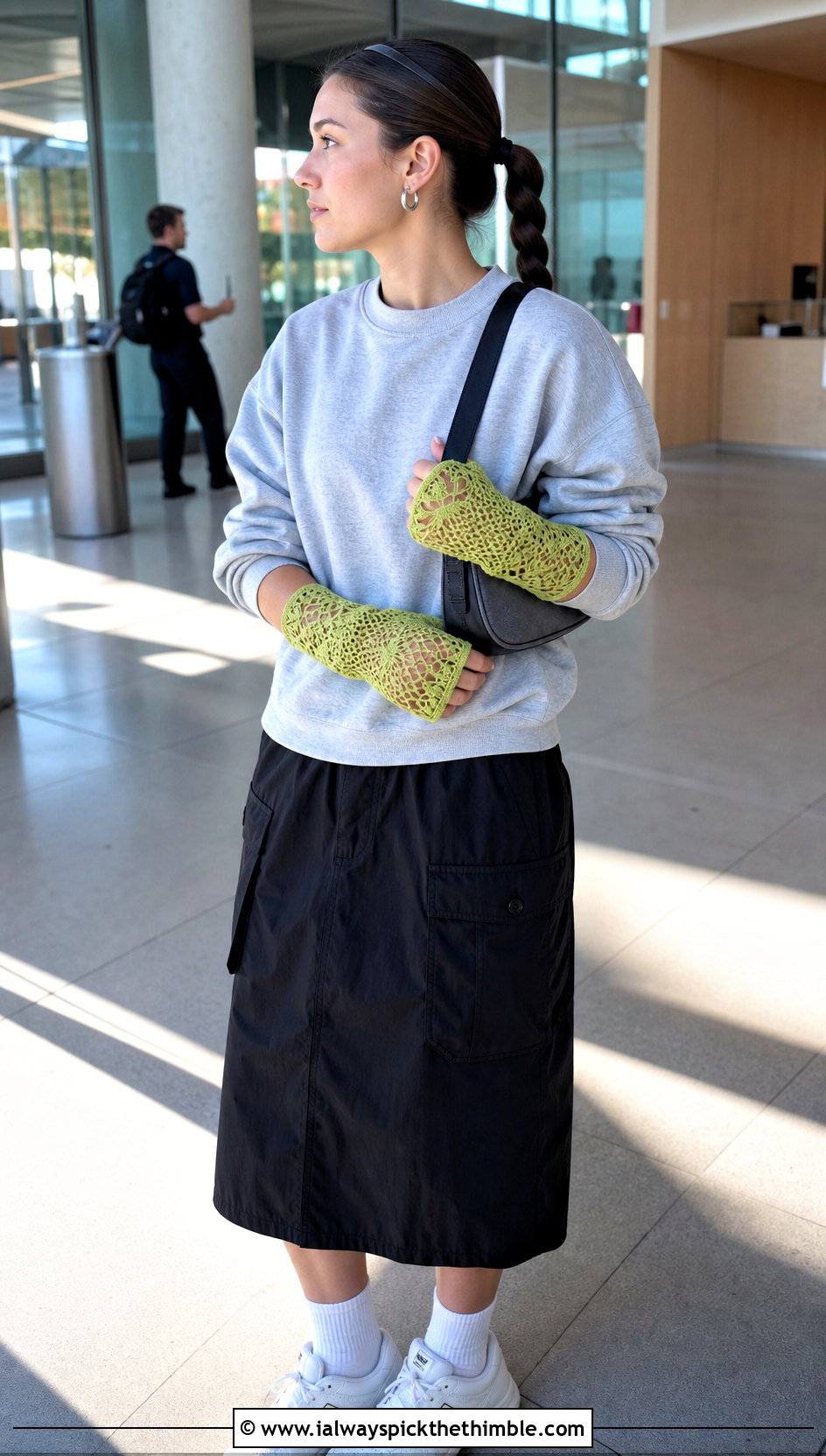 Pineapple Lace Crochet Gloves With Sweatshirt And Cargo Skirt - 15 Vintage Lace Crochet Gloves outfit ideas