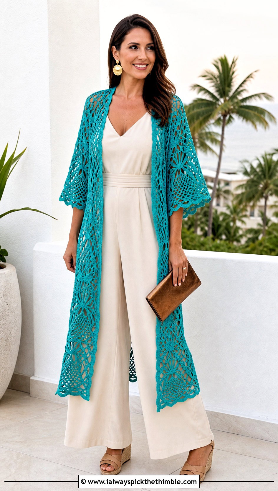 Pineapple Lace Crochet Kimono With Wide Leg Jumpsuit - 20 Boho Crochet Kimono outfit ideas