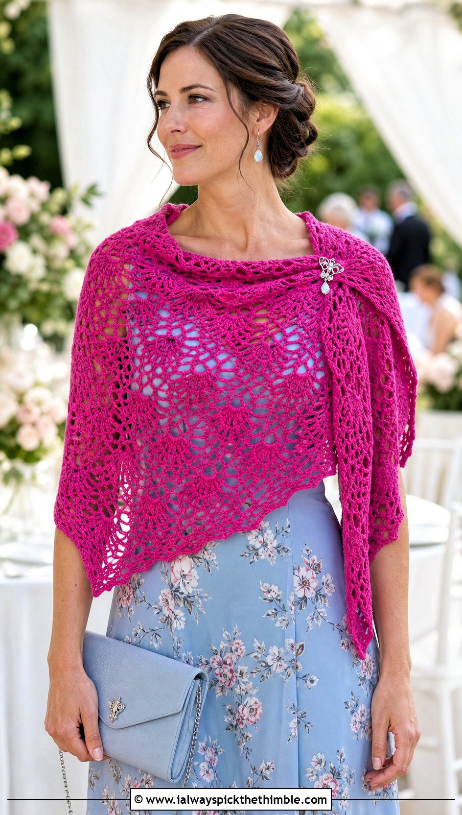 Pineapple Lace Crochet Shawl With Floral Midi Dress - 20 Spring Crochet Shawl outfit ideas