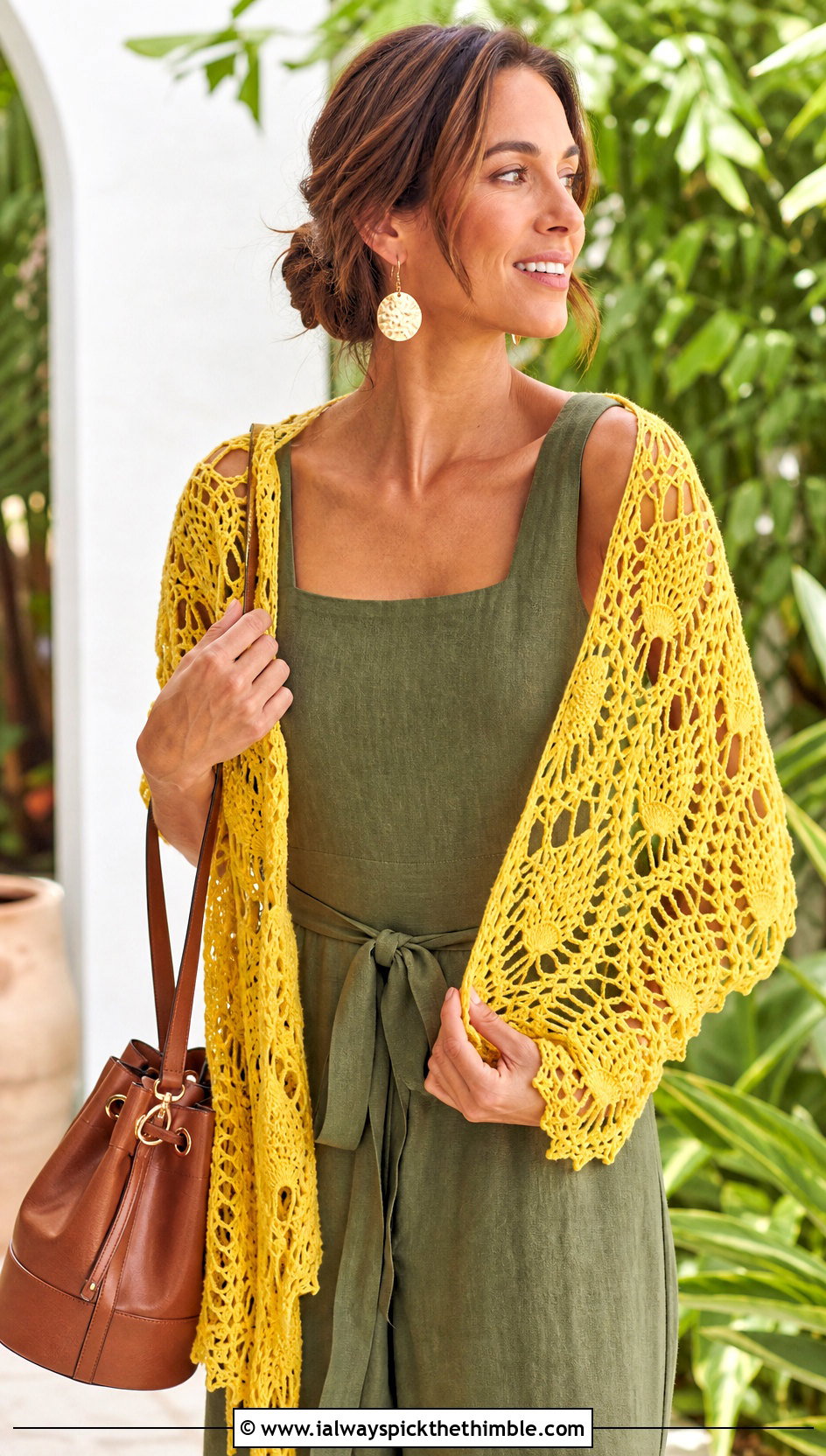 Pineapple Lace Crochet Shawl With Linen Jumpsuit - 20 Lace Crochet Shawl outfit ideas