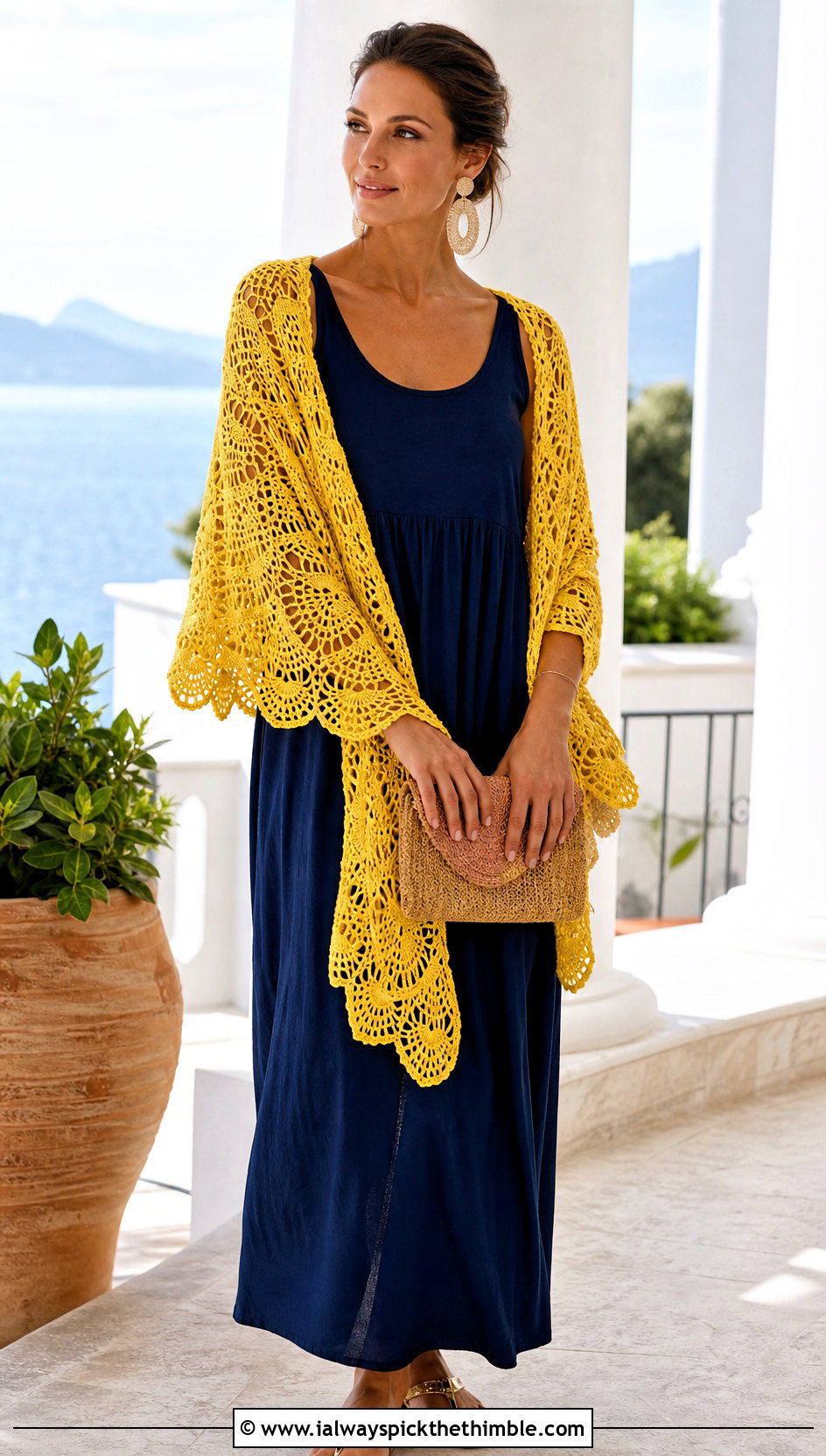 Pineapple Lace Crochet Shawl With Maxi Dress - 20 summer crochet shawl outfit ideas