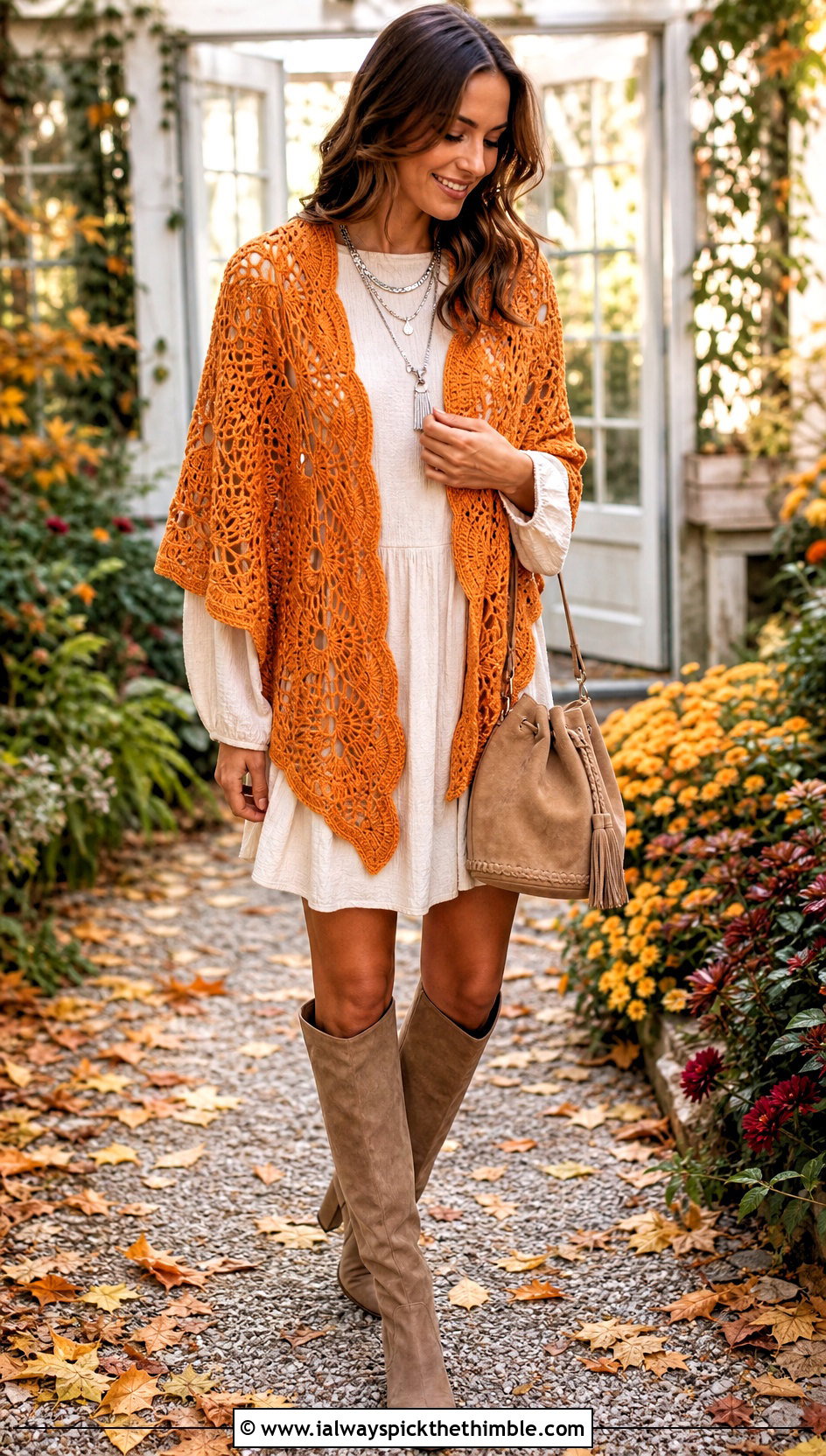 Pineapple Lace Crochet Shawl With Mini Dress And Tall Boots - 20 Stevie Nicks Crochet Shawl outfit ideas