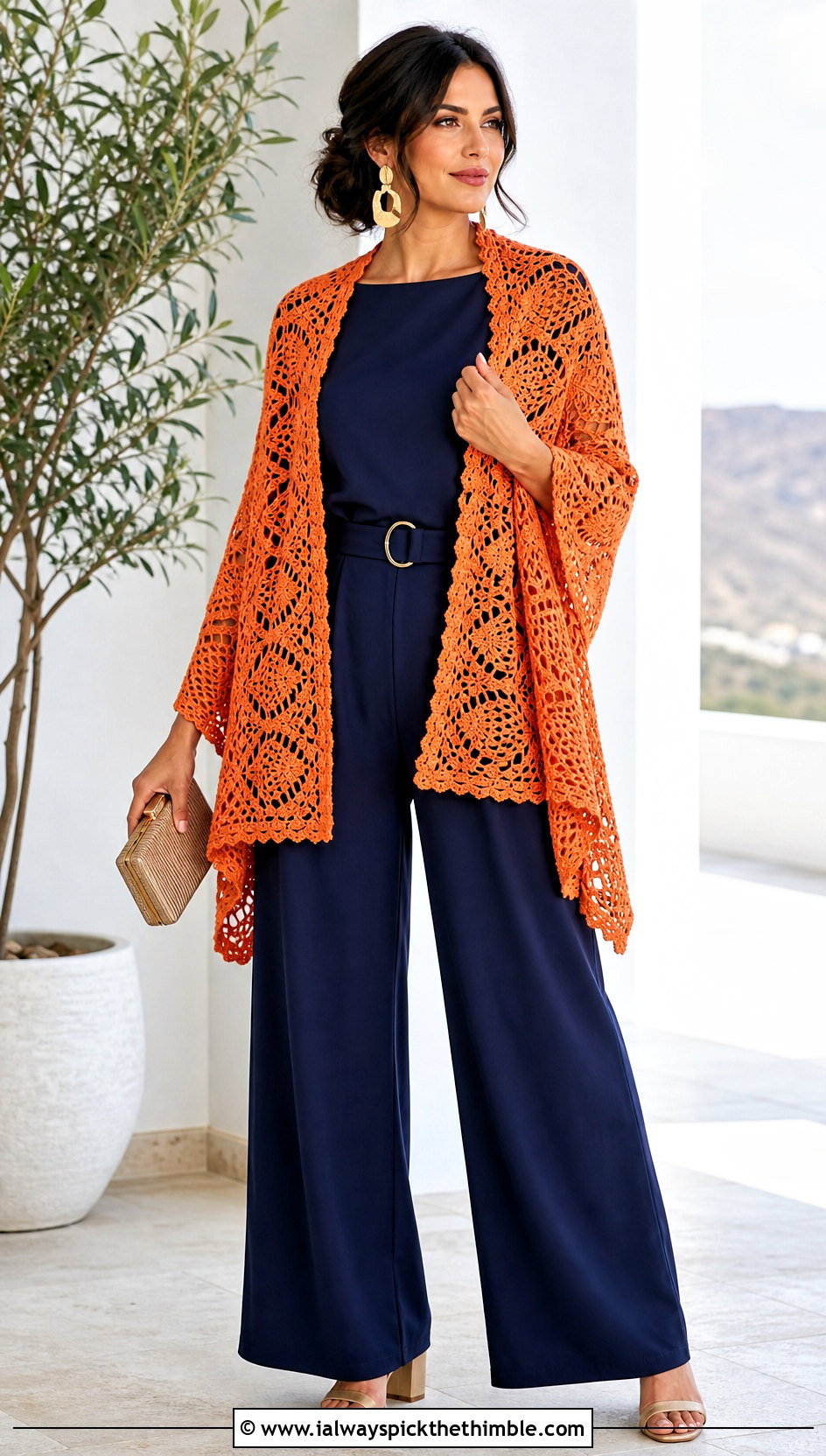 Pineapple Lace Crochet Shawl With Wide Leg Jumpsuit - 20 Crochet A Shawl outfit ideas
