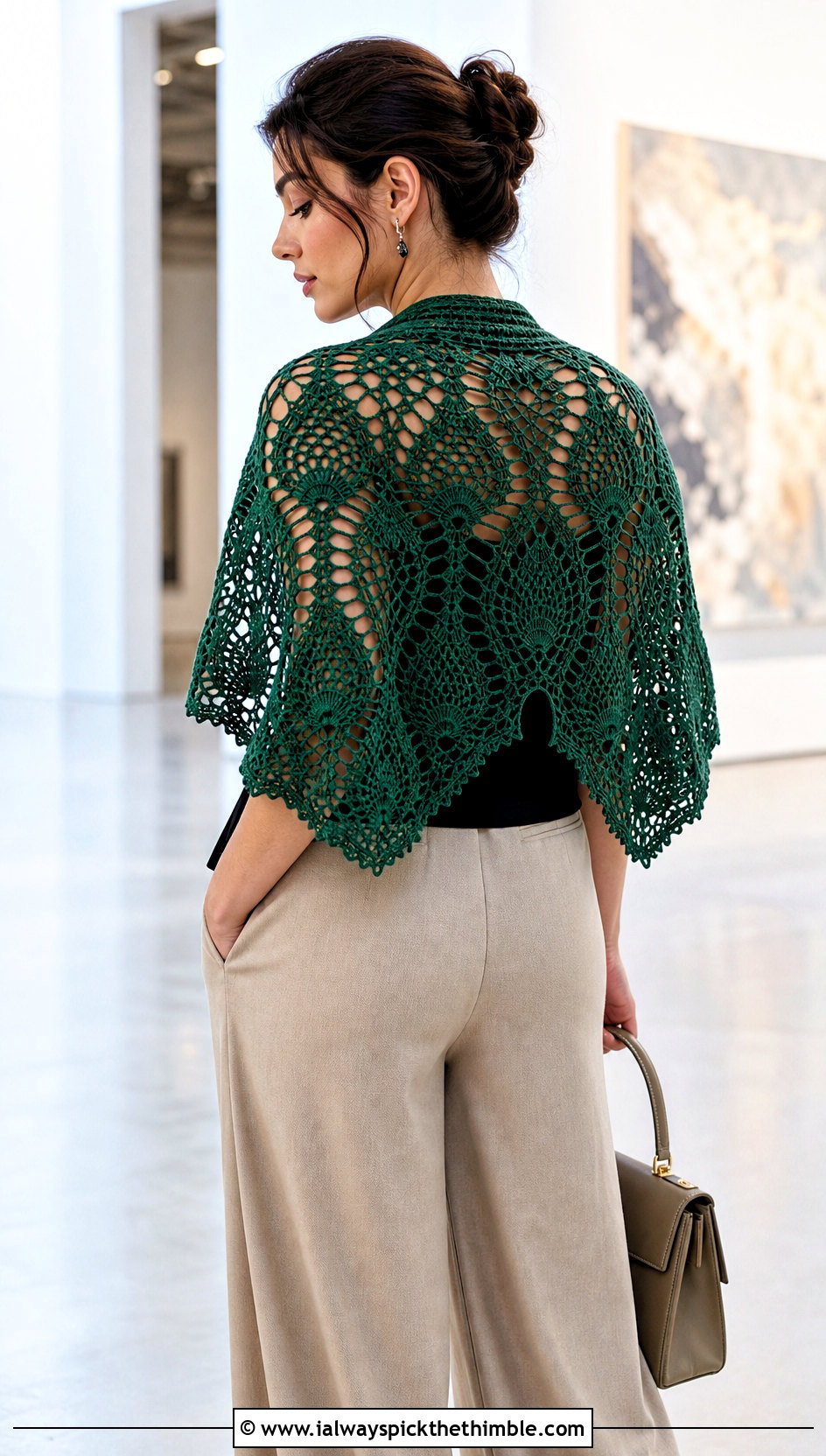 Pineapple Lace Crochet Shawl With Wide Leg Trousers - 20 Lacey Crochet Shawls outfit ideas