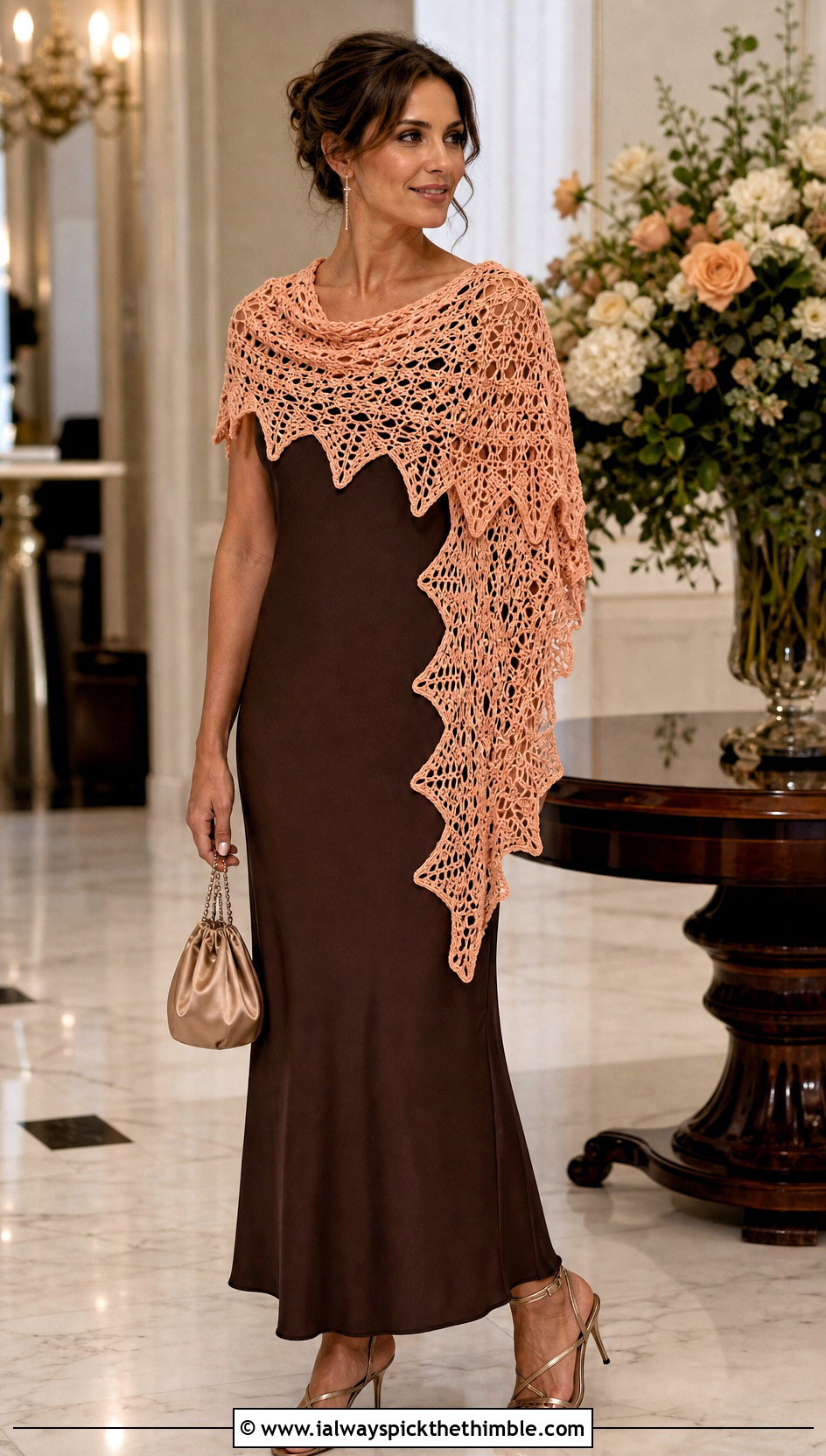 Pineapple Lace Crochet Shoulder Shawl With Column Dress - 20 Crochet Shoulder Shawl outfit ideas