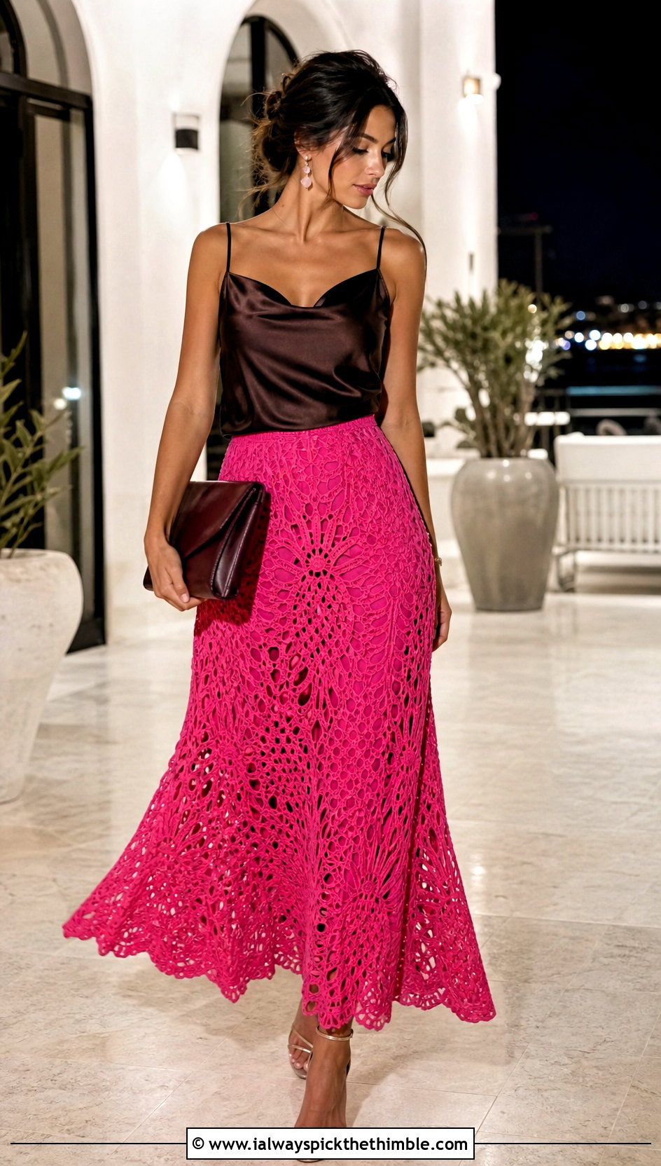 Pineapple Lace Crochet Skirt With Satin Camisole - 25 crochet flowy skirt outfit ideas
