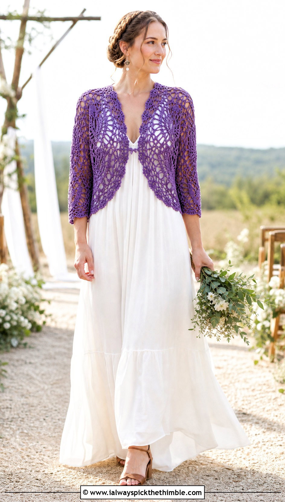 Pineapple Lace Crochet Wedding Bolero With Boho Maxi Dress - 20 Crochet Wedding Bolero outfit ideas