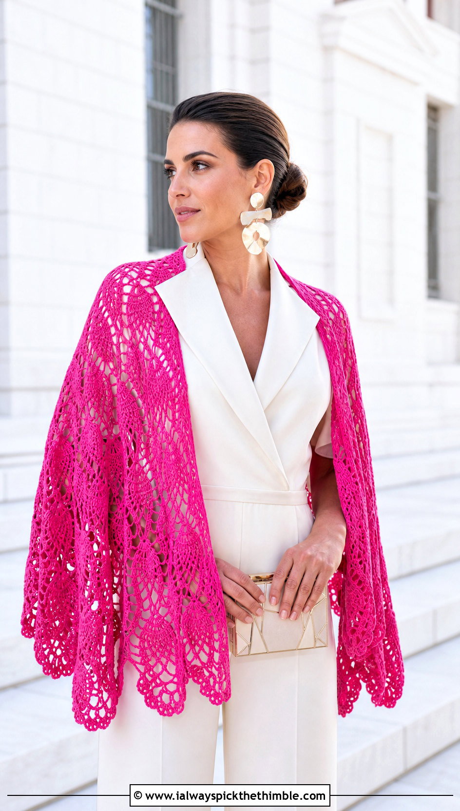 Pineapple Lace Crochet Wedding Shawl With Tailored Jumpsuit - 25 crochet wedding shawl outfit ideas