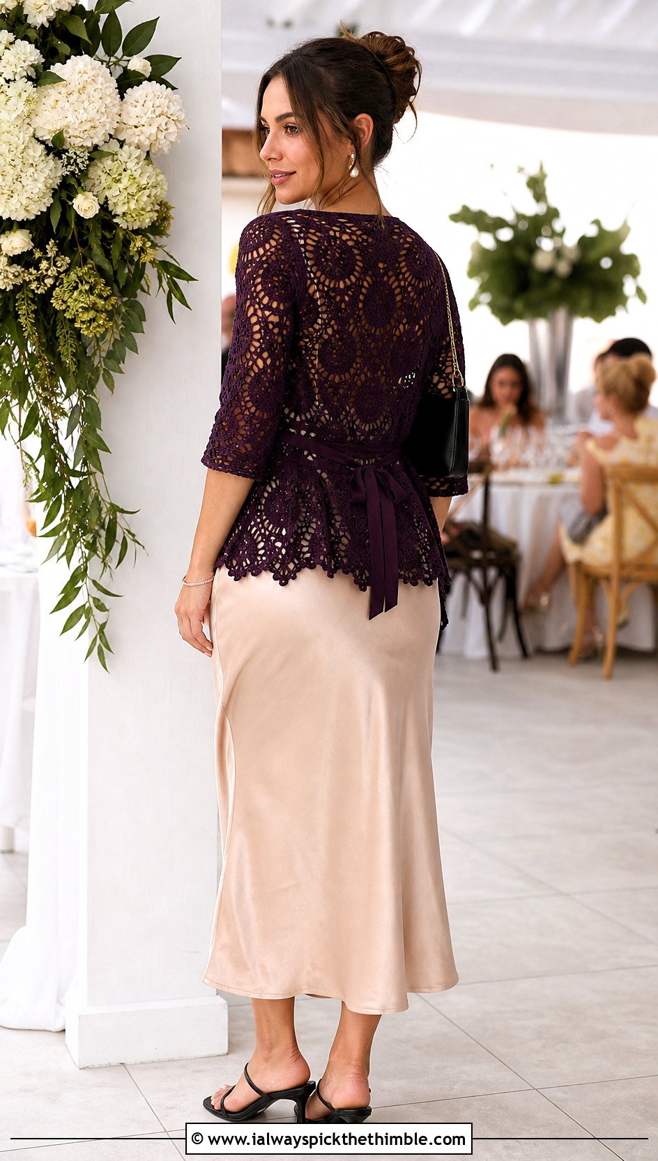 Pineapple Lace Crochet Wrap With Satin Midi Skirt - 20 crochet summer wrap outfit ideas