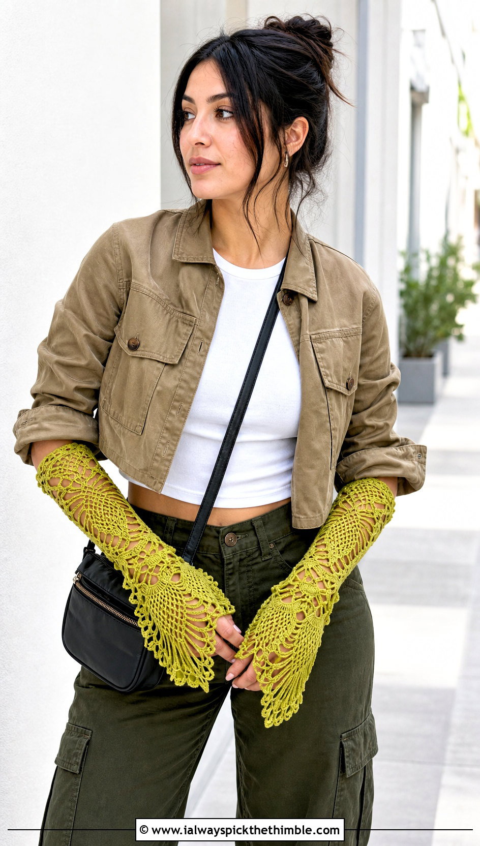 Pineapple Lace Gauntlet Gloves With A Utility Jacket - 20 Vintage Crochet Gloves outfit ideas
