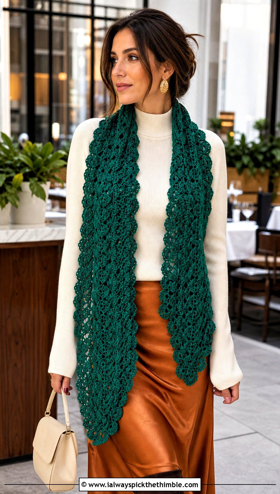 Pineapple Lace Green Crochet Scarf With Knit Top And Slip Skirt - 15 Lacy Green Crochet Scarf outfit ideas