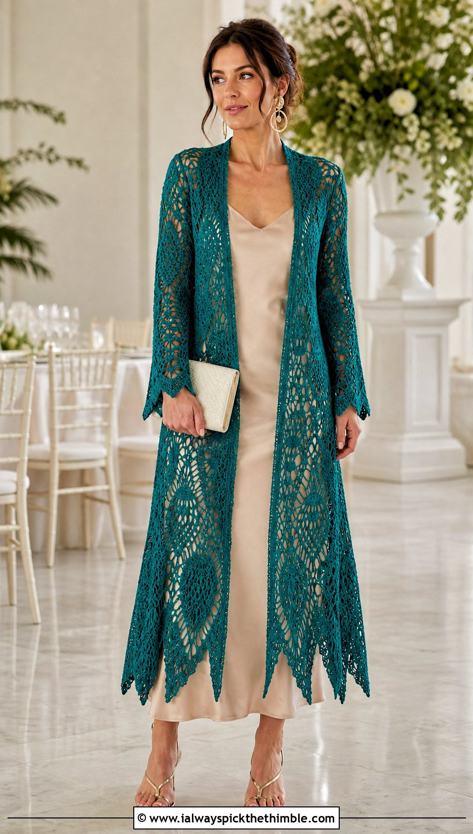 Pineapple Lace Longline Cardigan With Satin Slip Dress - 25 crochet lace cardigan outfit ideas