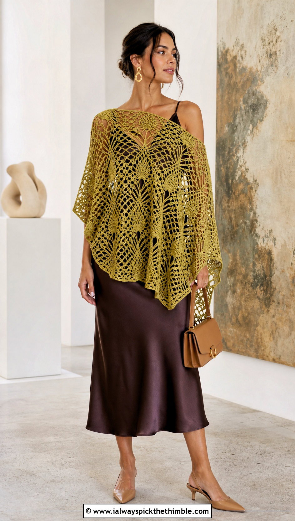 Pineapple Lace Poncho With Satin Midi Skirt - 15 Crochet Lace Poncho On Hanger outfit ideas