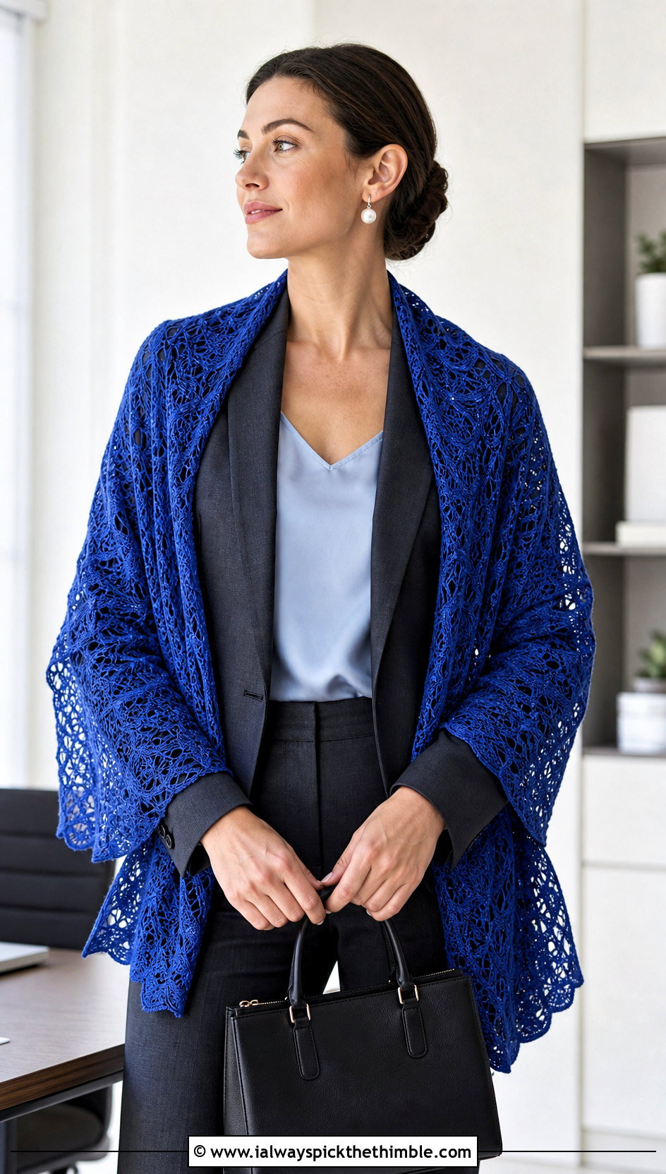 Pineapple Lace Shawl With Tailored Pantsuit - 20 Vintage Crochet Shawl outfit ideas