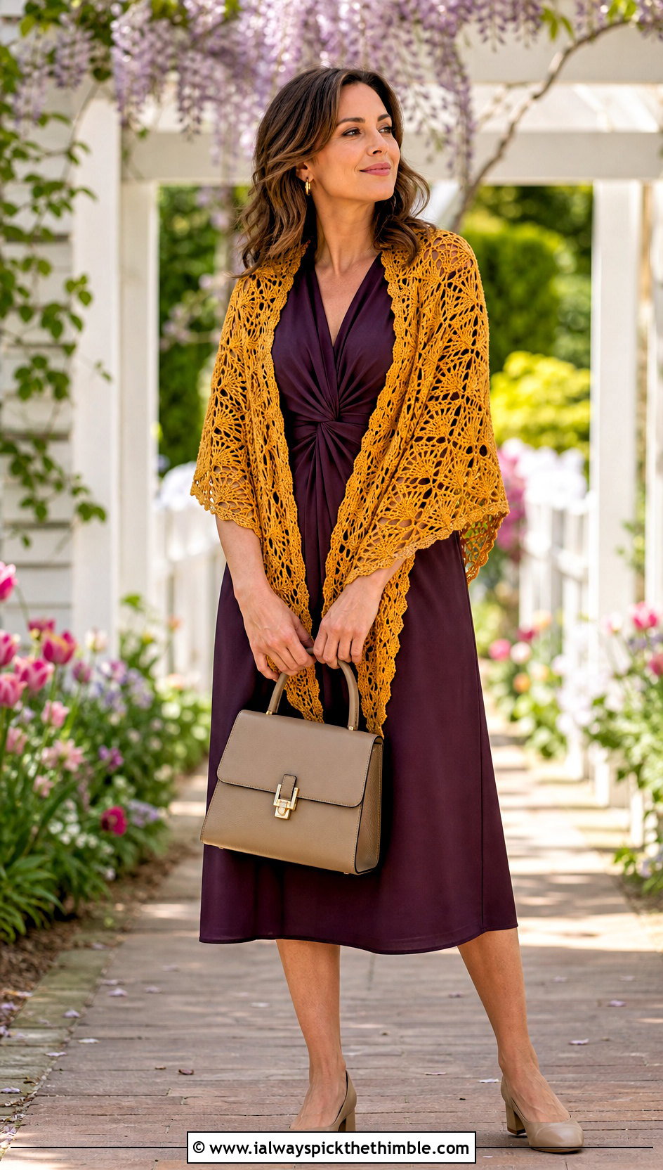 Pineapple Lace Triangle Crochet Shawl With Midi Dress - 25 triangle crochet shawl outfit ideas