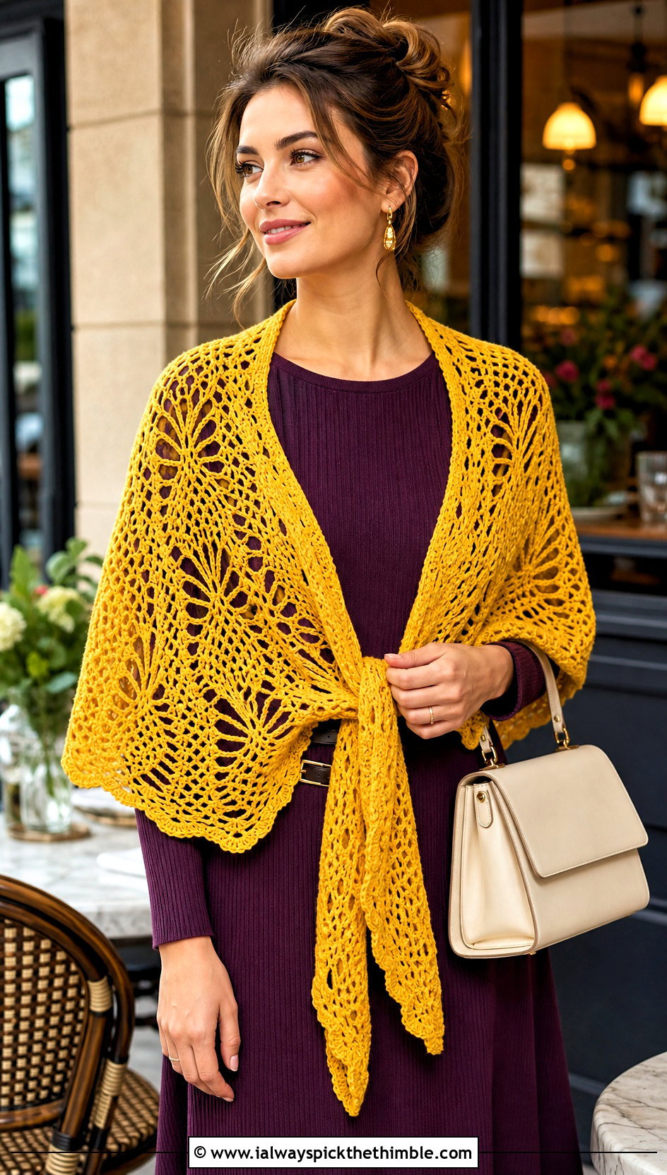 Pineapple Lace Triangle Shawl With Knit Dress And Loafers - 20 Crochet Lacy Triangle Shawl outfit ideas