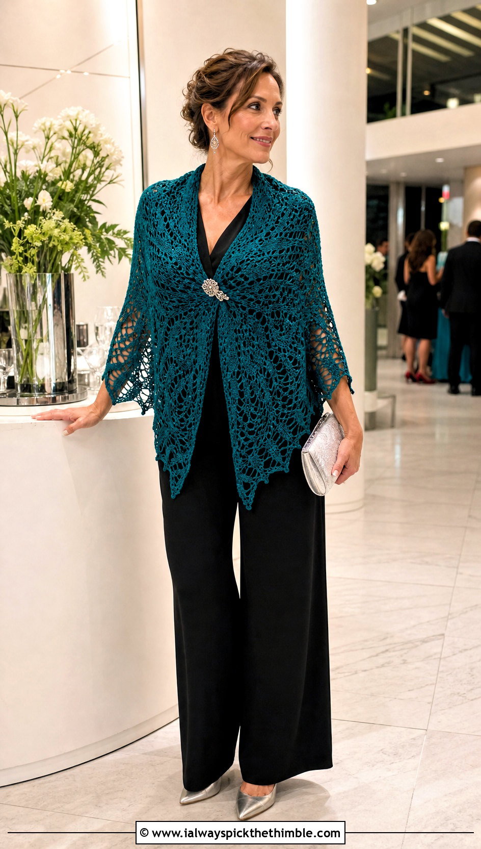 Pineapple Lace Triangular Crochet Shawl With Evening Jumpsuit - 20 triangular crochet shawl outfit ideas