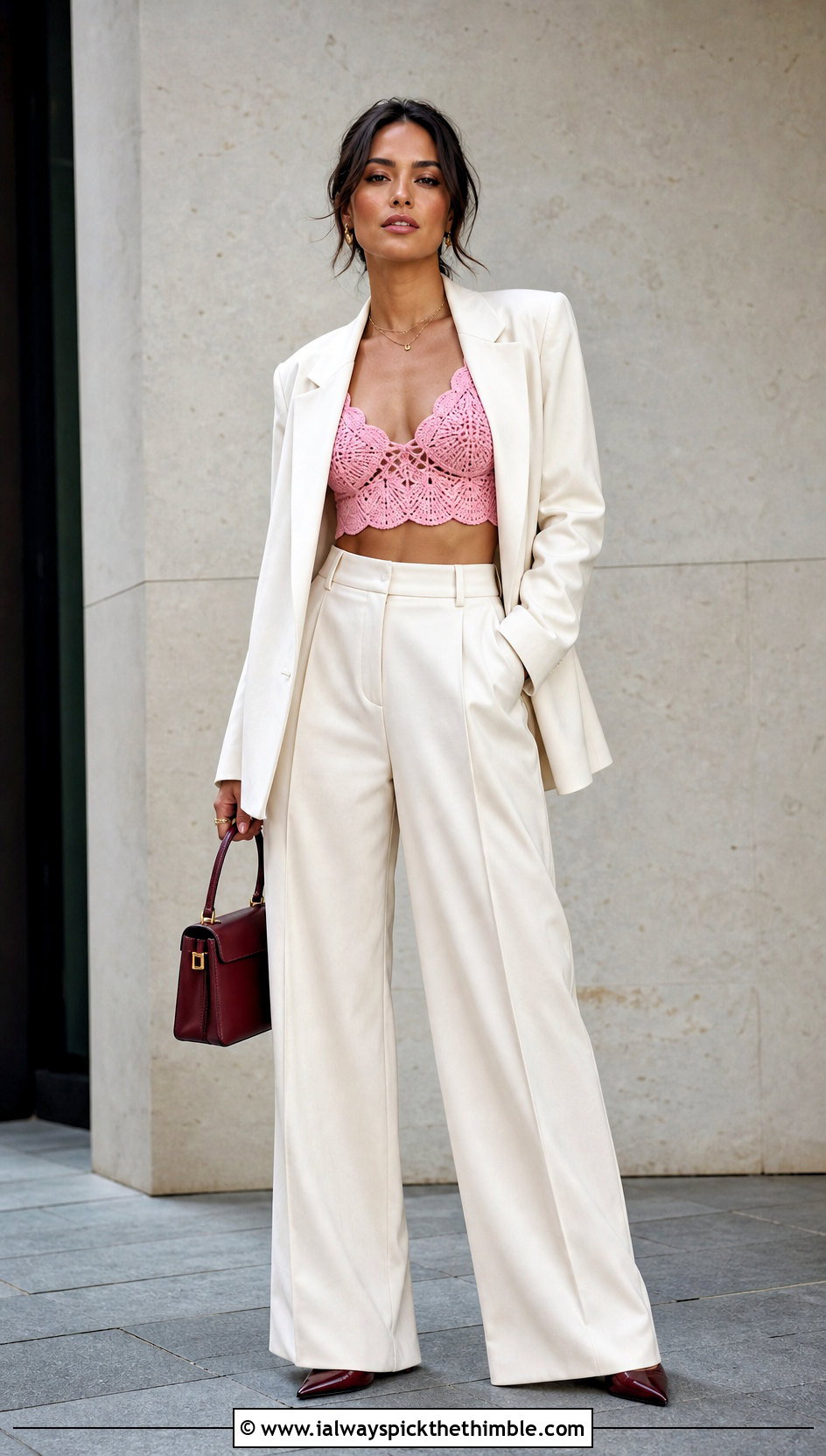 Pineapple Stitch Bralette Top With Oversized Suit - 20 Pineapple Stitch Crochet Top outfit ideas