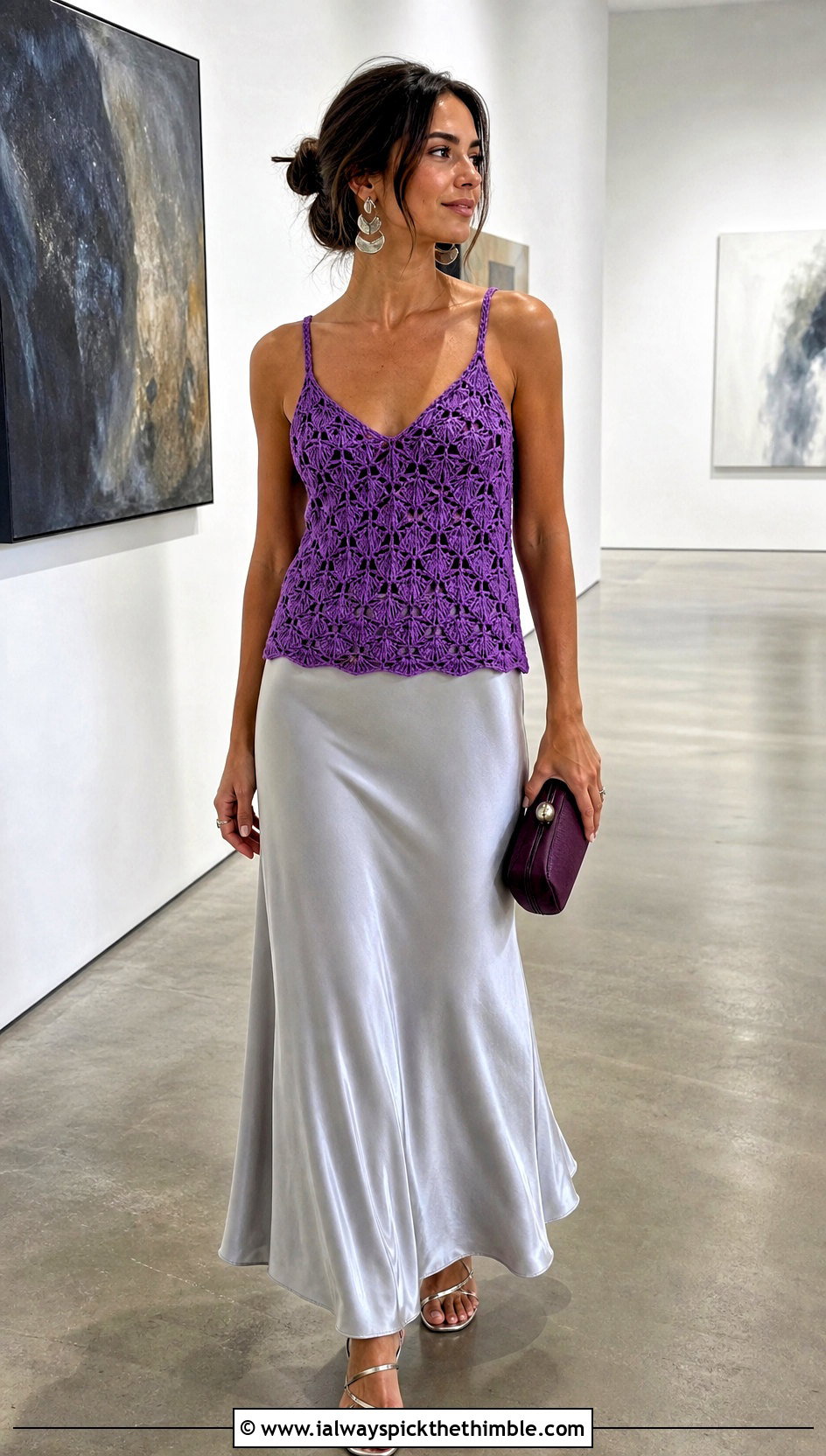 Pineapple Stitch Camisole Top With Satin Maxi Skirt - 20 Pineapple Stitch Crochet Top outfit ideas