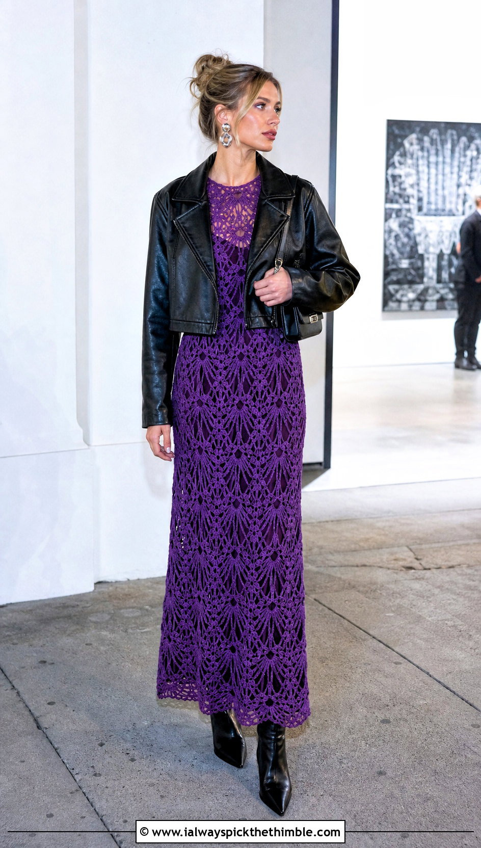 Pineapple Stitch Crochet Lace Maxi Dress With Leather Jacket - 25 Crochet Lace Dress outfit ideas