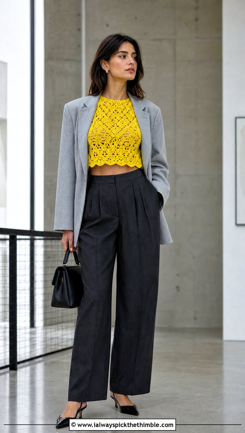 Pineapple Stitch Crop Top With Tailored Trousers - 20 Pineapple Stitch Crochet Top outfit ideas