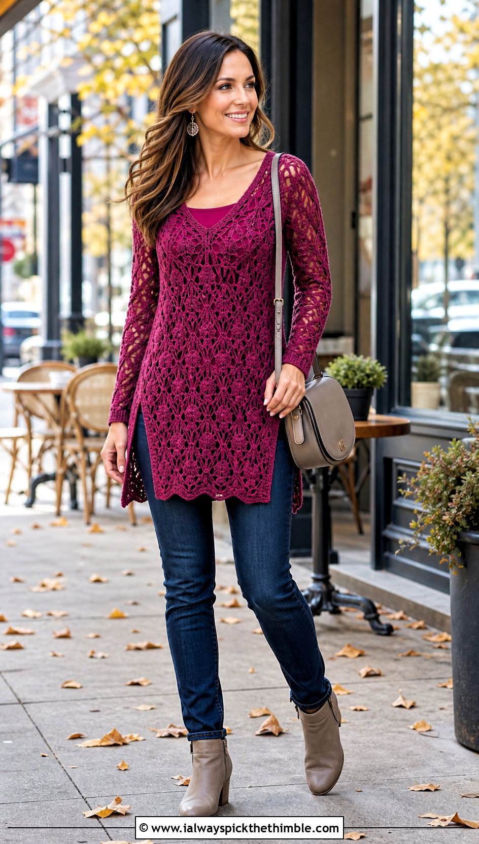 Pineapple Stitch Tunic Top With Slim Jeans - 20 Pineapple Stitch Crochet Top outfit ideas