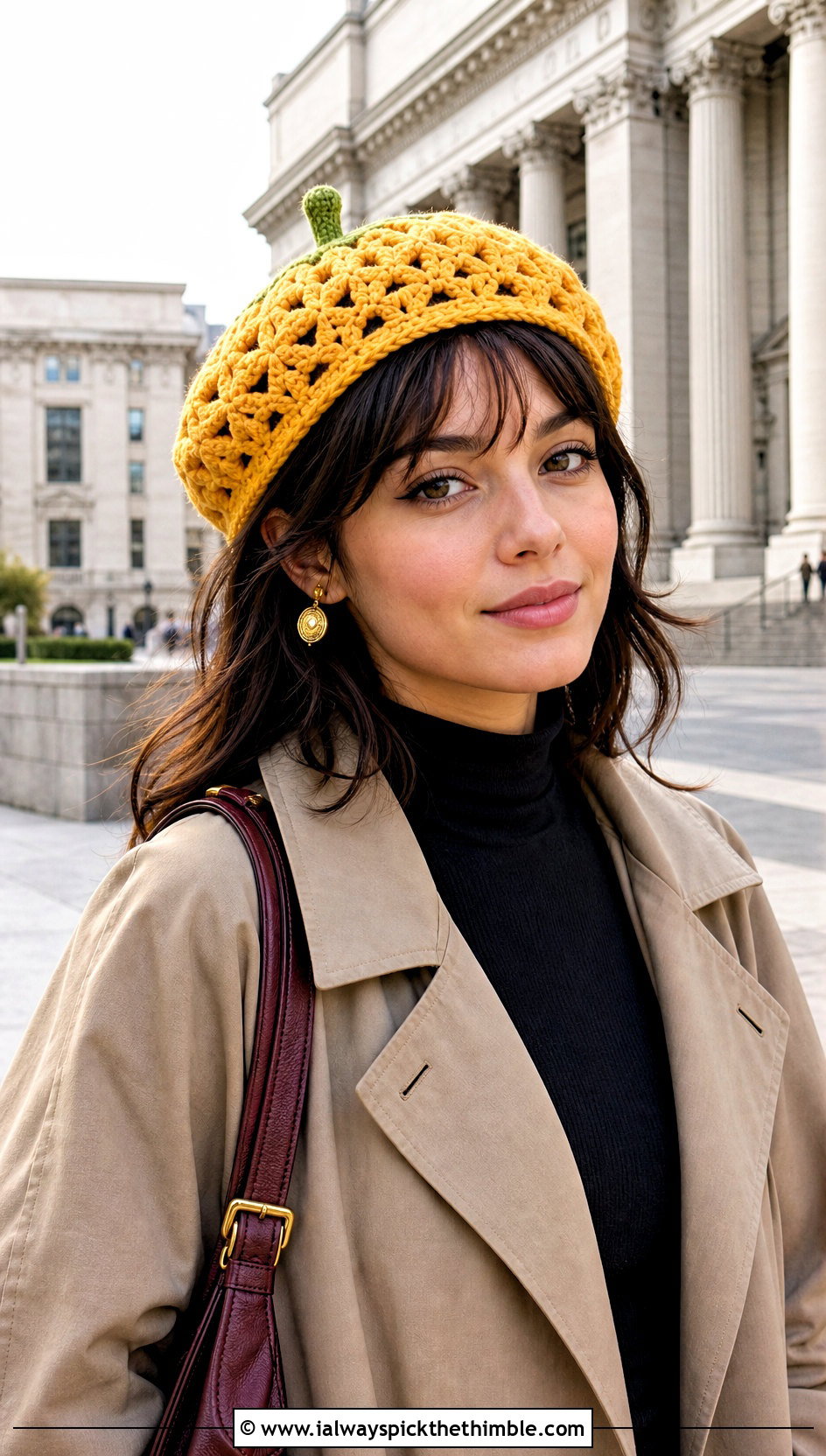 Pineapple Stitch Yellow Crochet Beret With A Trench Coat - 15 Yellow Crochet Pineapple Hat outfit ideas