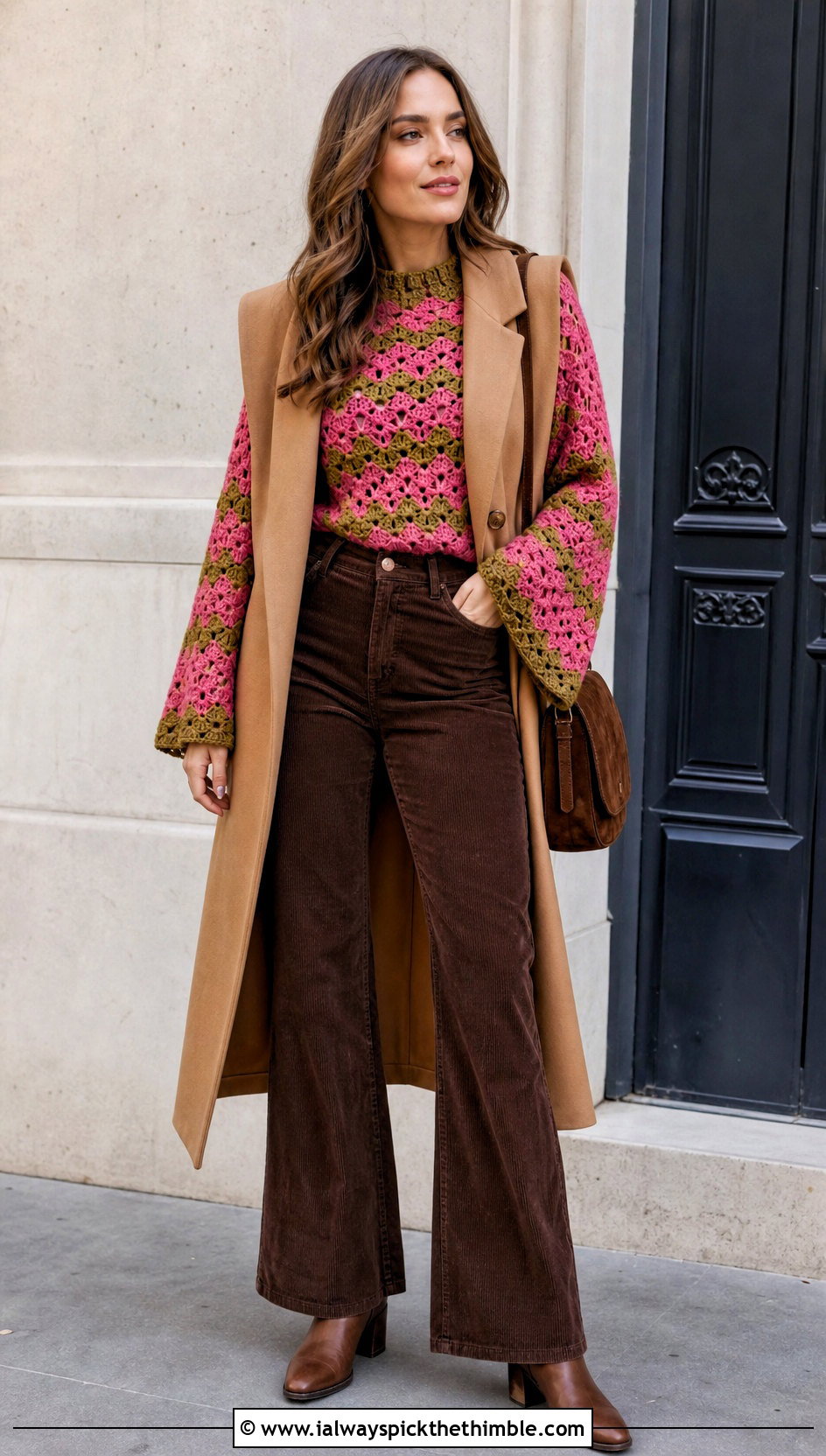 Pink And Green Bell Sleeve Crochet Top With Corduroy Pants - 20 pink and green crochet top outfit ideas