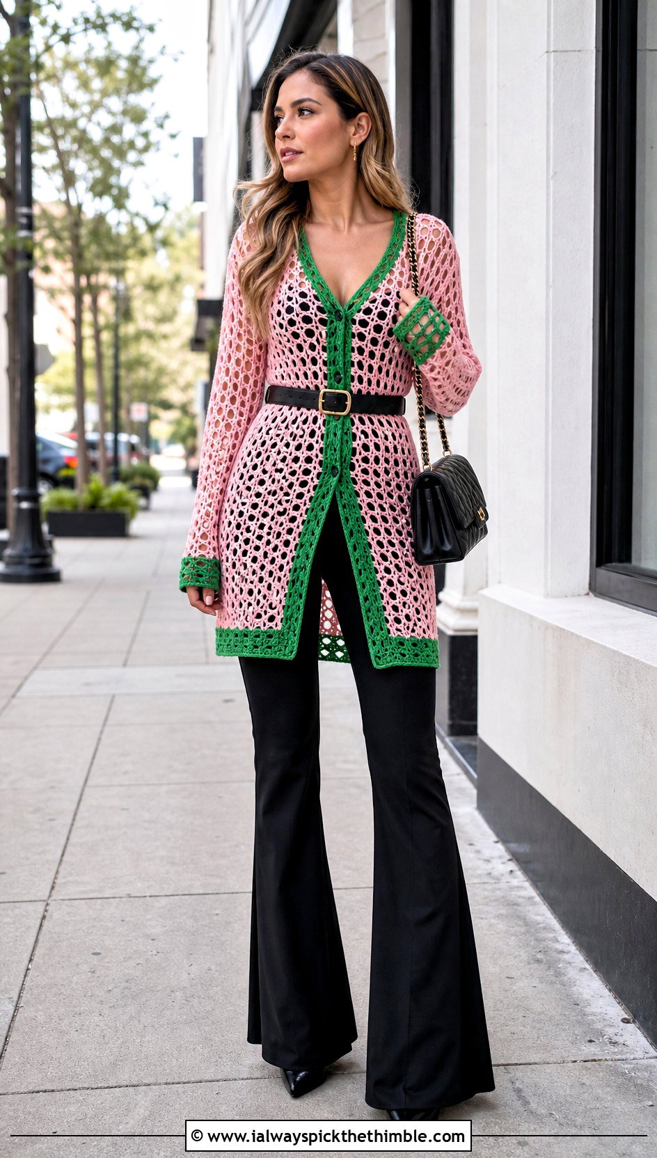 Pink And Green Crochet Tunic Top With Slim Flare Pants - 20 pink and green crochet top outfit ideas