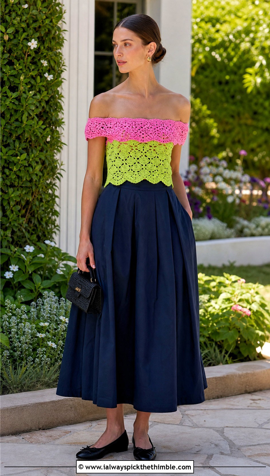 Pink And Green Off Shoulder Crochet Top With A Full Midi Skirt - 20 pink and green crochet top outfit ideas