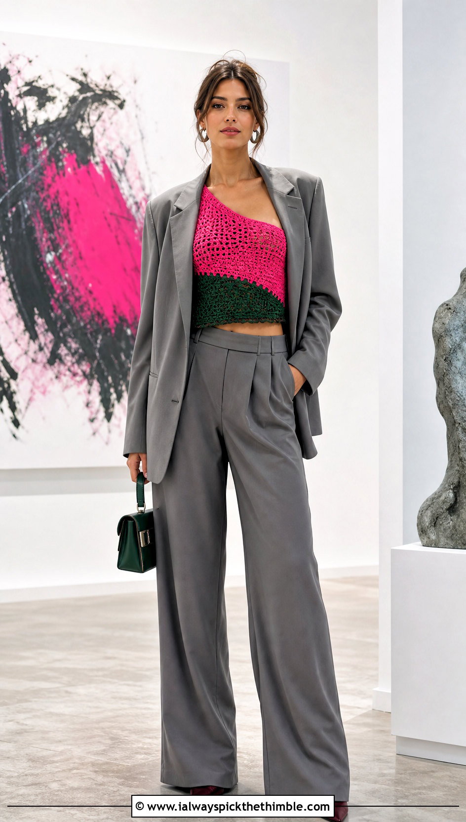 Pink And Green One Shoulder Crochet Top With A Trouser Suit - 20 pink and green crochet top outfit ideas