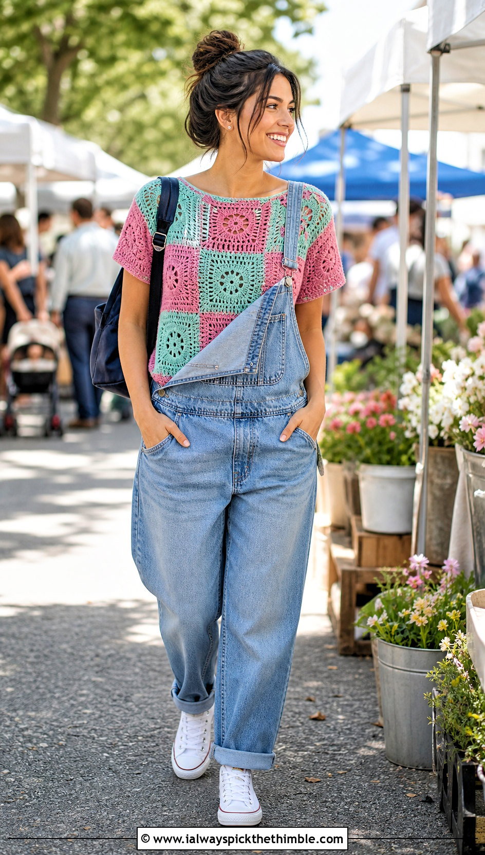 Pink And Green Patchwork Crochet Tee With Denim Overalls - 20 pink and green crochet top outfit ideas