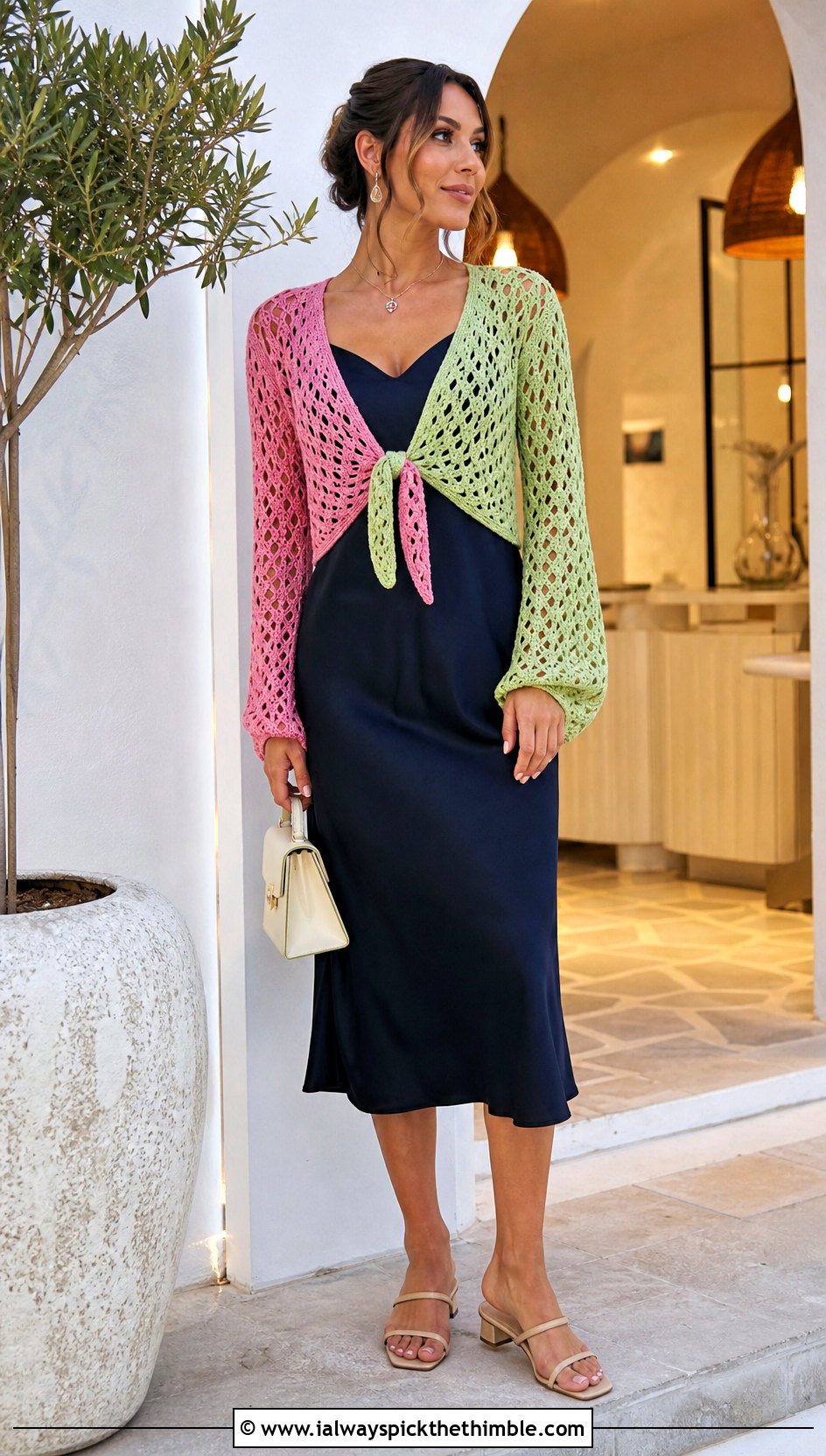 Pink And Green Tie Front Crochet Top With A Slip Dress - 20 pink and green crochet top outfit ideas