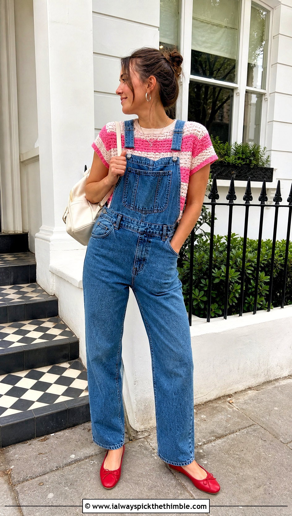 Pink And White Crochet Striped Tee With Denim Overalls - 20 white and pink crochet top outfit ideas