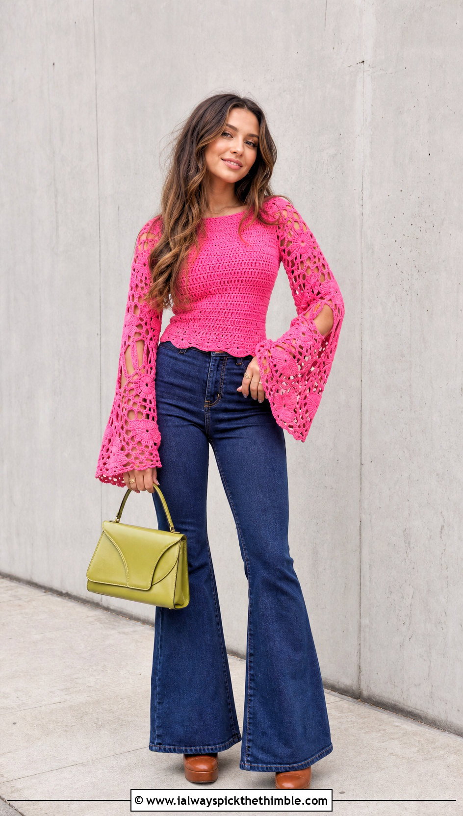 Pink Bell Sleeve Crochet Top With Flared Jeans - 25 pink crochet top outfit ideas