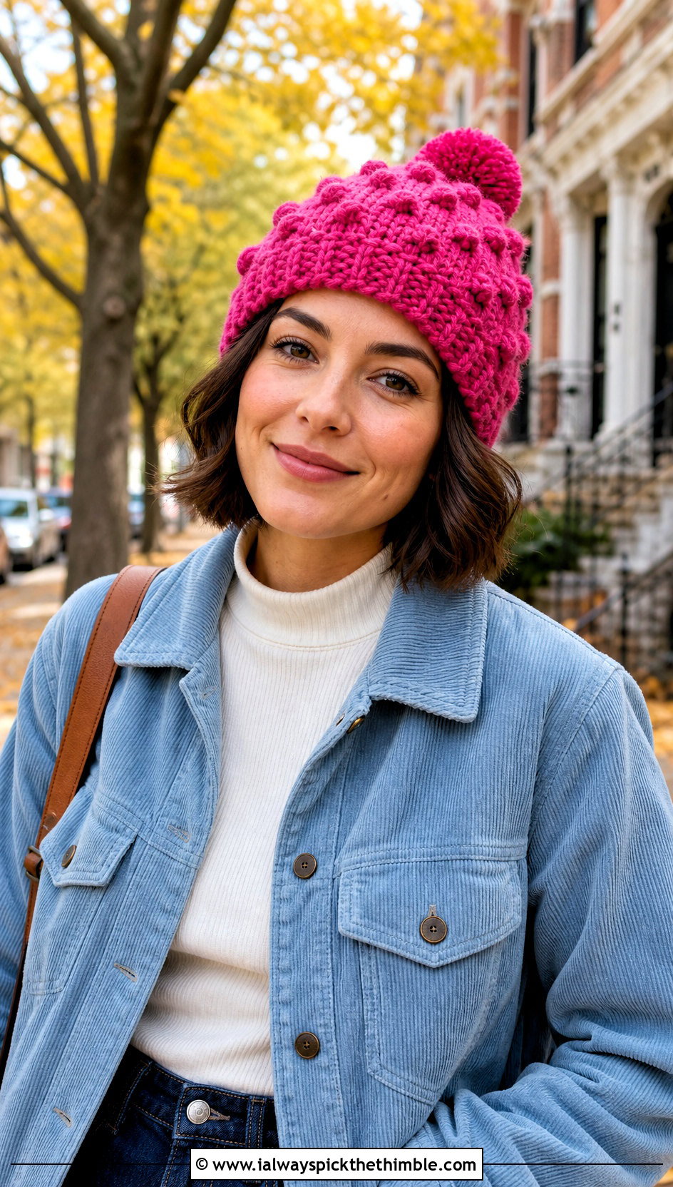 Pink Bobble Stitch Crochet Beanie With Corduroy Jacket - 25 pink crochet beanie outfit ideas