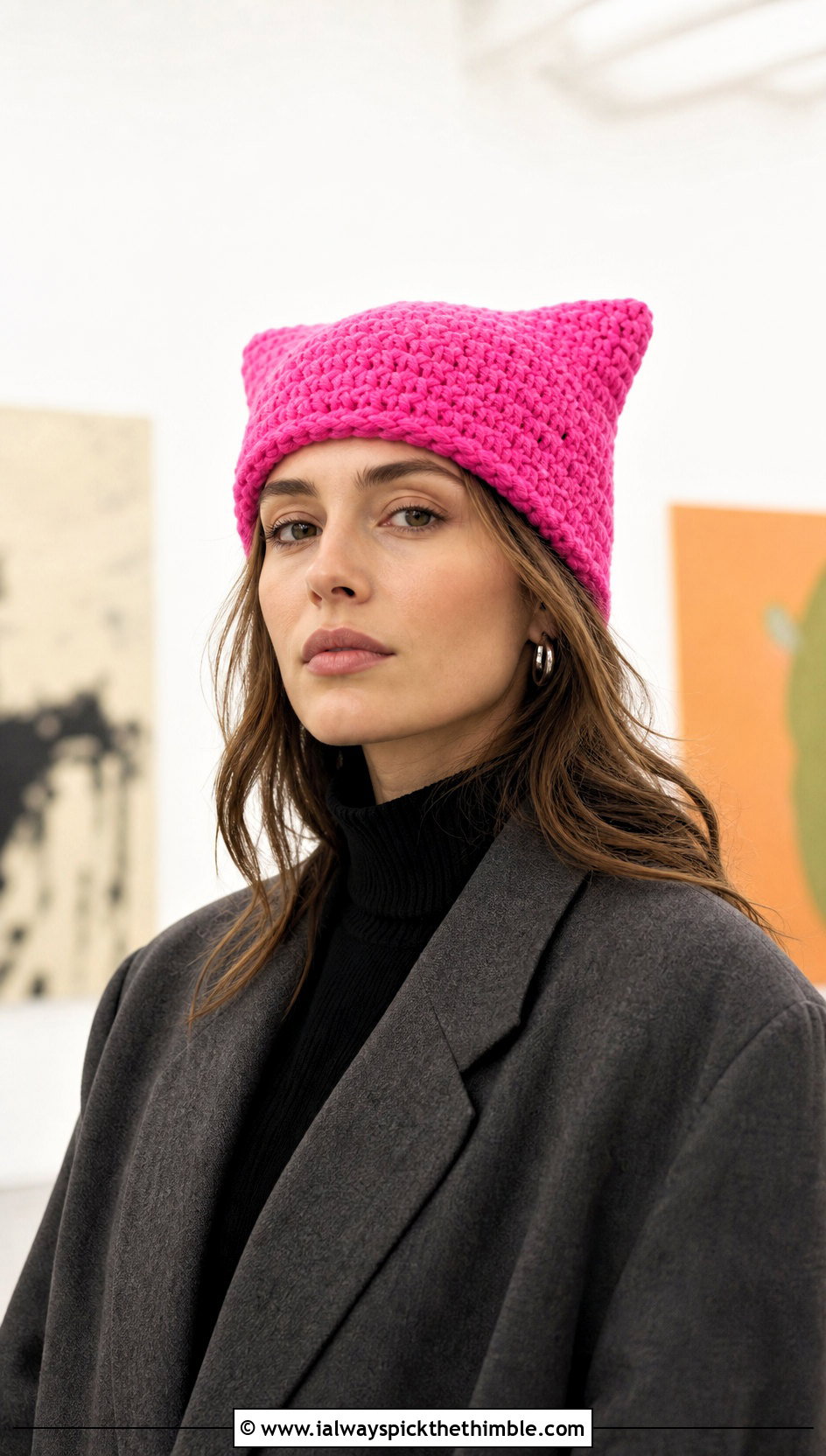 Pink Cat Ear Crochet Beanie With Oversized Blazer - 25 pink crochet beanie outfit ideas